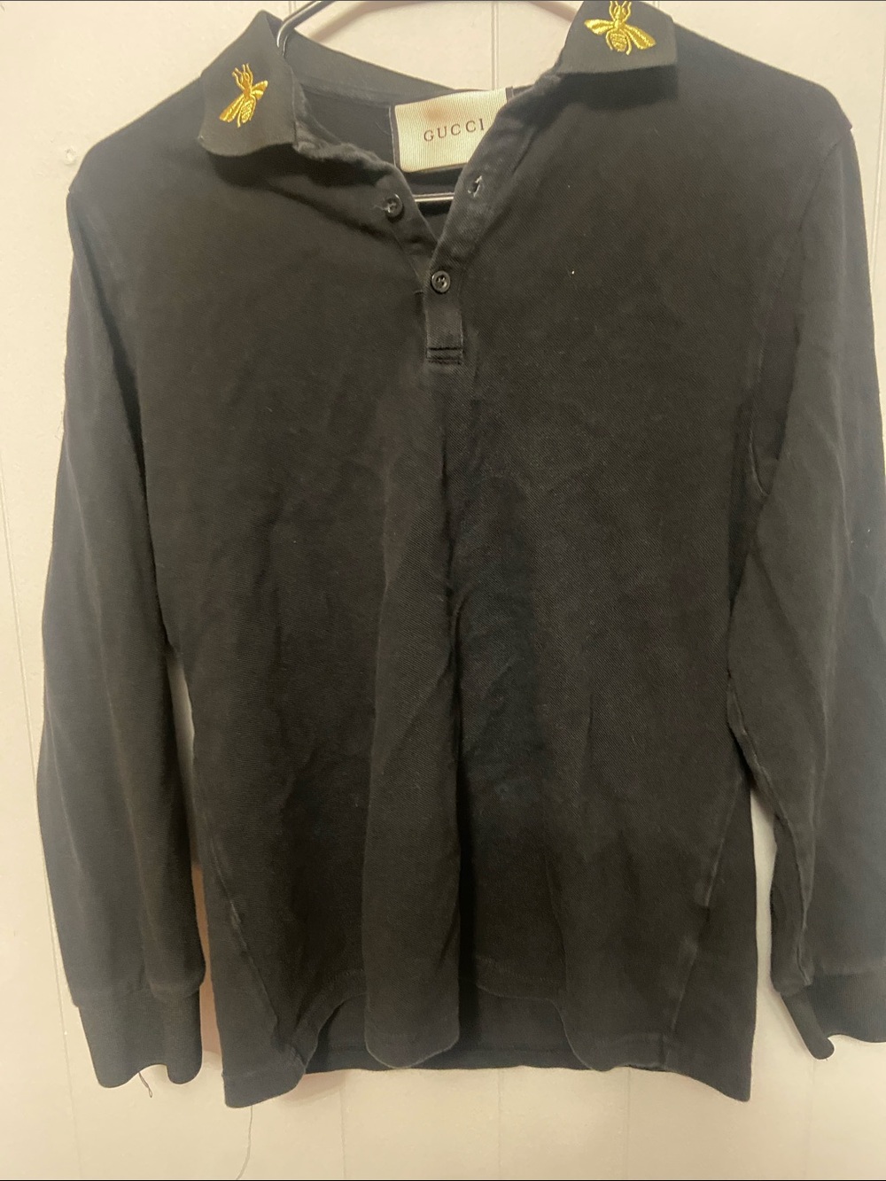 Gucci Black Long Sleeve Polo with Gold Label Accent